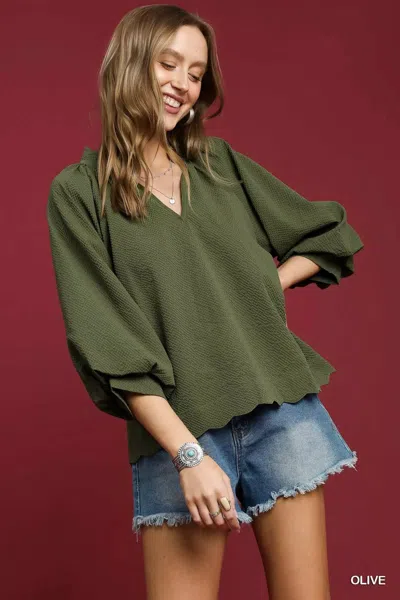 Truedames Full Size Textured Notched Balloon Sleeve Blouse Plus Size In Green