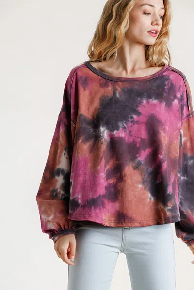 Truedames Full Size Tie Dye Round Neck Long Balloon Sleeve Top Plus Size In Brown