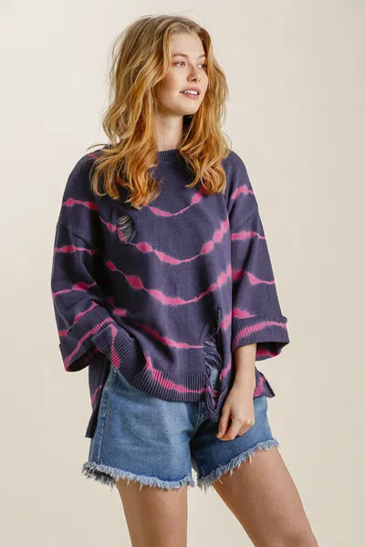 Truedames Full Size Tie Dye Side Slit Round Neck Distressed Detail Sweater Plus Size In Purple