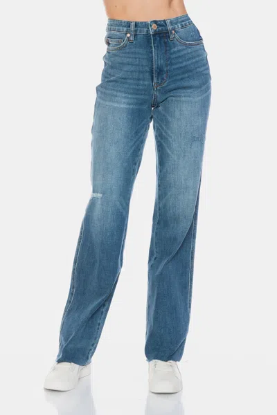 Truedames Full Size Tummy Control Cut Raw Hem Straight Jeans In Blue