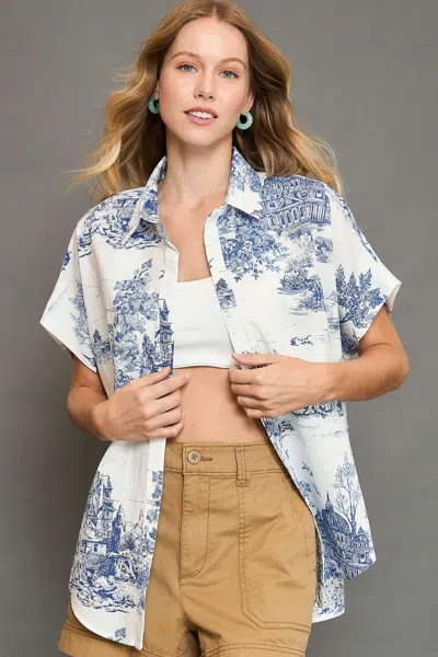 Truedames Full Size Two Tone Print Button Up Short Sleeve Shirt Plus Size In Blue