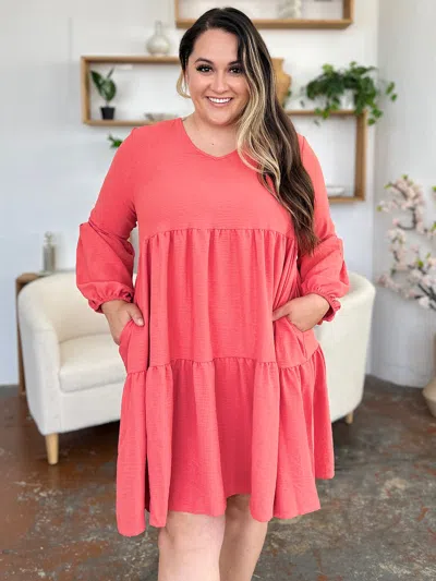 Truedames Full Size V-neck Balloon Sleeve Tiered Dress With Pockets In Pink