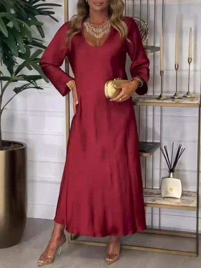 Truedames Full Size V-neck Long Sleeve Midi Dress Plus Size In Red