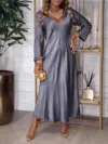 Truedames Full Size V-neck Long Sleeve Midi Dress Plus Size In Silver