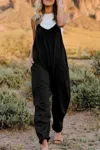 Truedames Full Size V-neck Sleeveless Jumpsuit With Pockets In Black