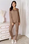 Truedames Full Size V-neck Soft Rayon Long Sleeve Top And Pants Lounge Set In Brown