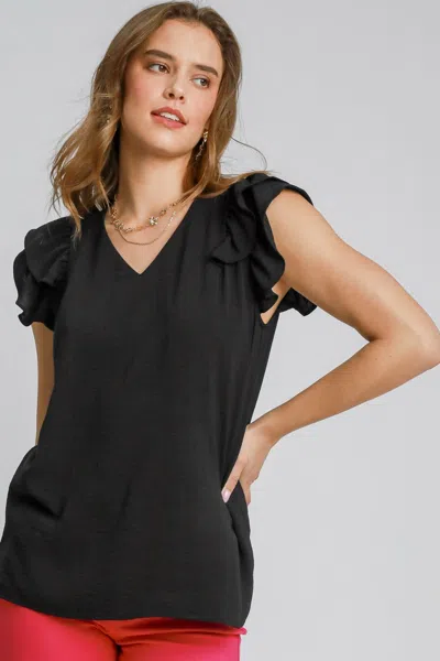 Truedames Full Size V-neck Double Layered Ruffle Sleeve Blouse Plus Size In Black