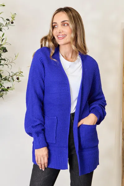 Truedames Full Size Waffle-knit Open Front Cardigan In Blue