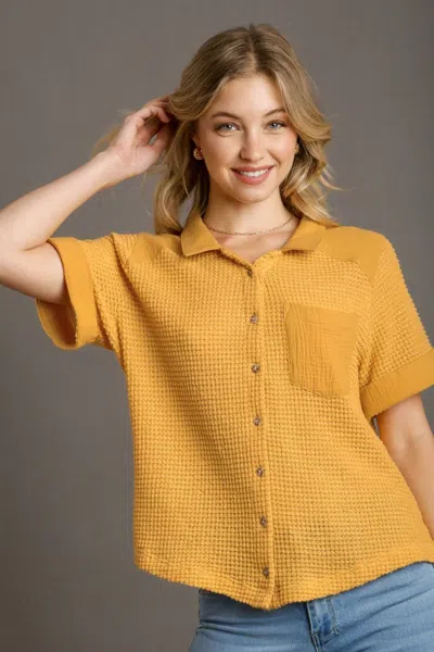 Truedames Full Size Waffle-knit Short Sleeve Button Down Shirt Plus Size In Yellow