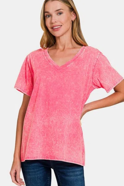 Truedames Full Size Washed Short Sleeve V-neck T-shirt In Pink