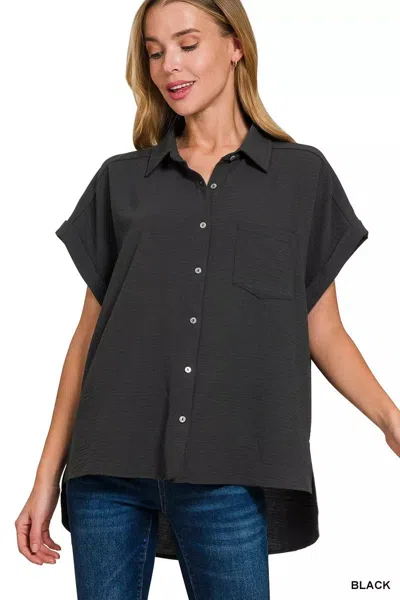 Truedames Full Size Woven Airflow Button Down Shirt Plus Size In Black