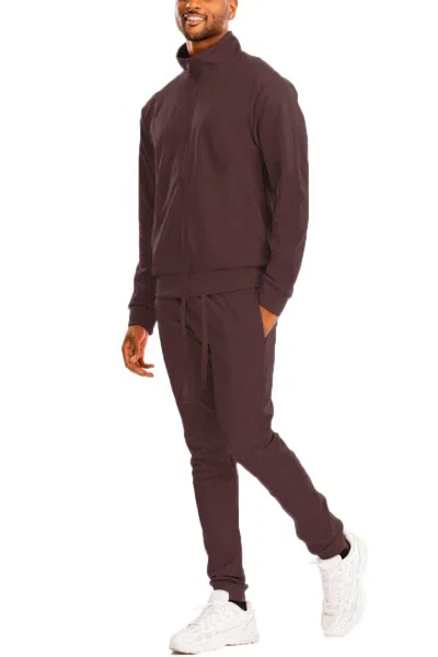 Truedames Full Zip Up Solid Track Jacket Set In Brown