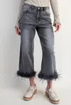 Truedames Fur Bottom Hem Washed Stretch Denim Pants In Black