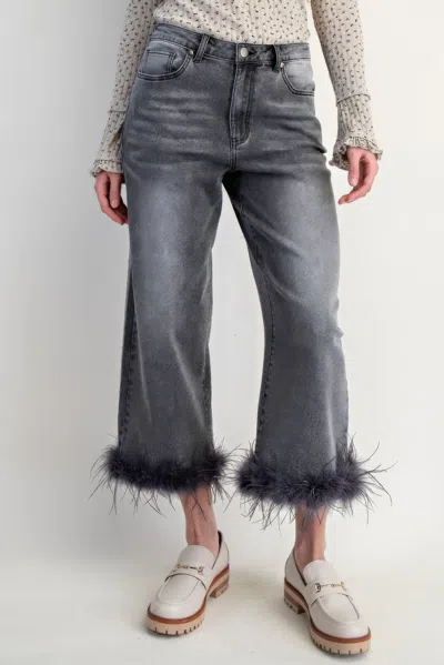 Truedames Fur Bottom Hem Washed Stretch Denim Pants In Black