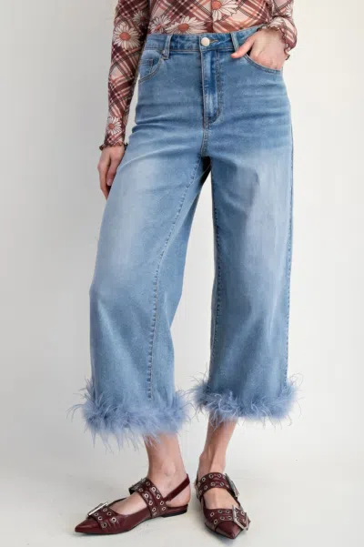 Truedames Fur Bottom Hem Washed Stretch Denim Pants In Blue