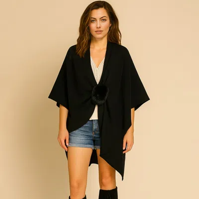 Truedames Fur Strap Trim Solid Knit Ruana Poncho In Black