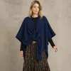 Truedames Fur Strap Trim Solid Knit Ruana Poncho In Blue