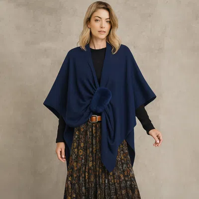Truedames Fur Strap Trim Solid Knit Ruana Poncho In Blue
