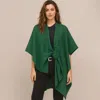 Truedames Fur Strap Trim Solid Knit Ruana Poncho In Green