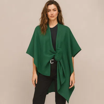 Truedames Fur Strap Trim Solid Knit Ruana Poncho In Green