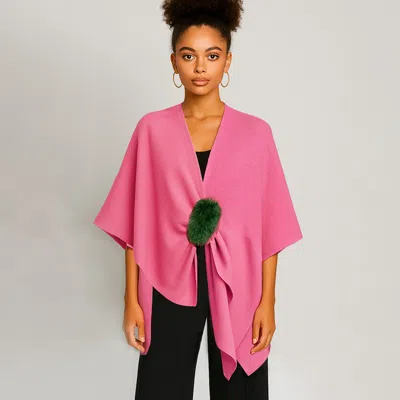 Truedames Fur Strap Trim Solid Knit Ruana Poncho In Pink
