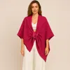 Truedames Fur Strap Trim Solid Knit Ruana Poncho In Red
