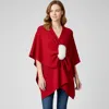 Truedames Fur Strap Trim Solid Knit Ruana Poncho In Red