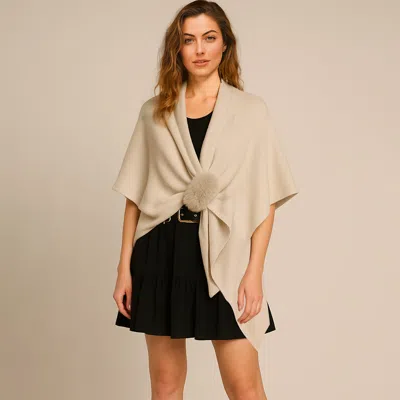 Truedames Fur Strap Trim Solid Knit Ruana Poncho In Neutral