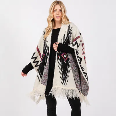 Truedames Fuzzy Aztec Pattern Tassel Knit Ruana Poncho In White