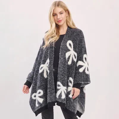 Truedames Fuzzy Bow Embossed Knot Shawl Winter Poncho In Black