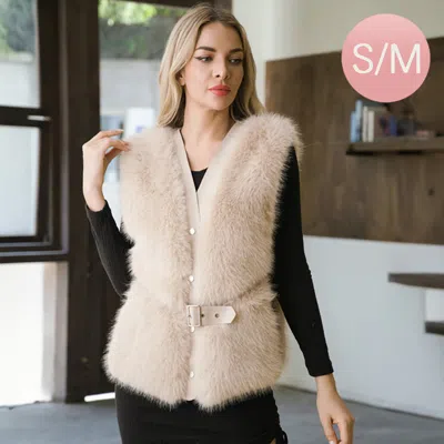 Truedames Fuzzy Faux Fur Belted Vest In Neutral