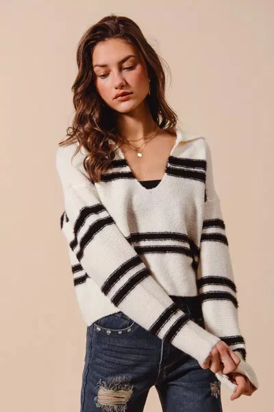 Truedames Fuzzy Hairy Stripe Deep U Neck Sweater In Neutral