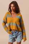 Truedames Fuzzy Hairy Stripe Deep U Neck Swetaer In Yellow