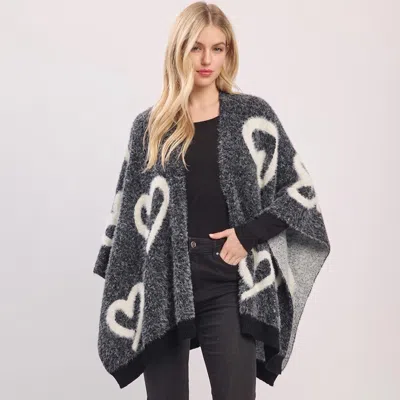 Truedames Fuzzy Heart Embossed Knit Shawl Winter Poncho In Black