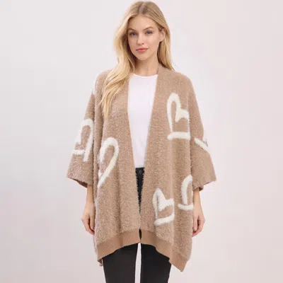 Truedames Fuzzy Heart Embossed Knit Shawl Winter Poncho In Brown