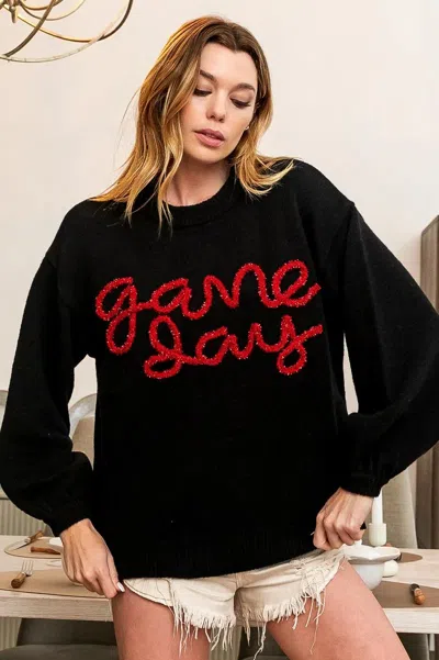 Truedames Game Day Metallic Letter Sweater In Black