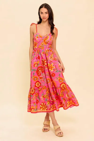 Truedames Garden Gathering Pink Woven Midi Dress In Multi