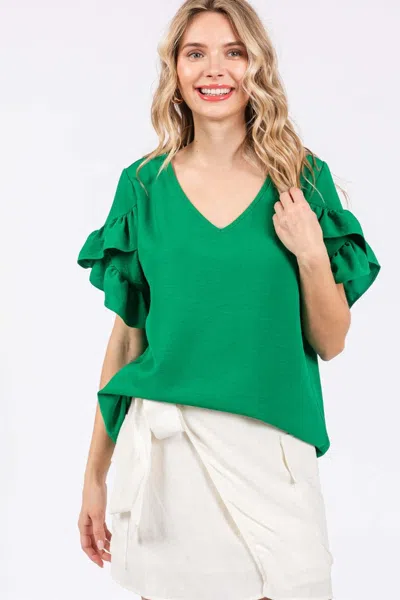 Truedames Geegee Ruffled Short Sleeve V-neck Blouse In Green