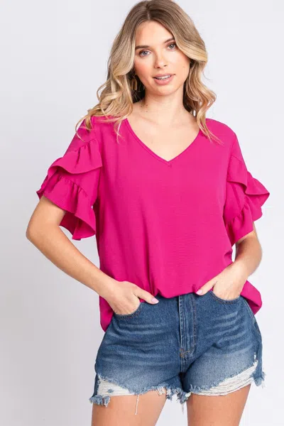 Truedames Geegee V-neck Ruffle Trim Short Sleeve Blouse In Pink