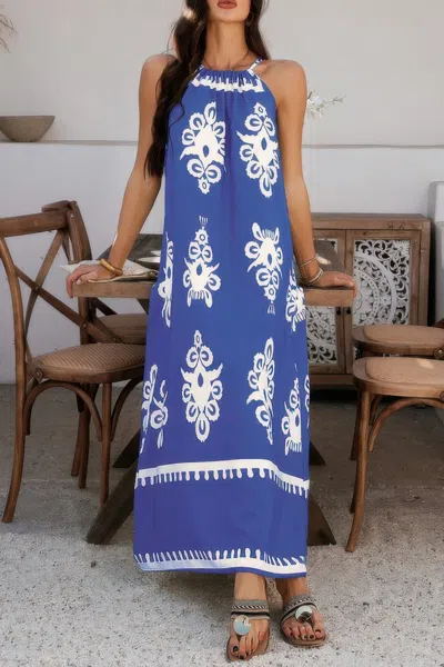 Truedames Geo Print Halter Sleeveless Loose Fit Dress In Blue
