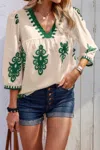Truedames Geo Print V Neck Loose Puff Sleeves Blouse In Green