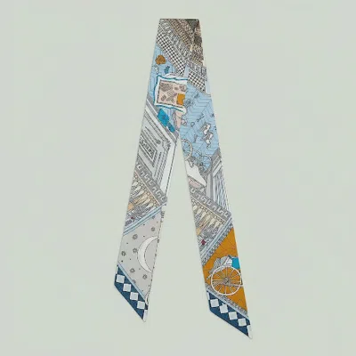 Truedames Geometric Architectural Pattern Printed Twilly Skinny Scarf In Blue