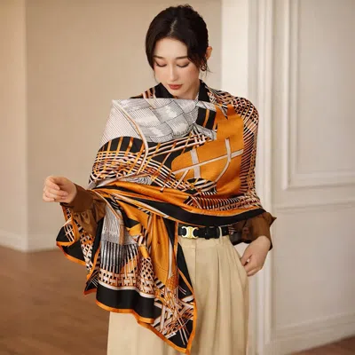Truedames Geometric Art Pattern Printed Oblong Silky Satin Scarf Shawl In Orange