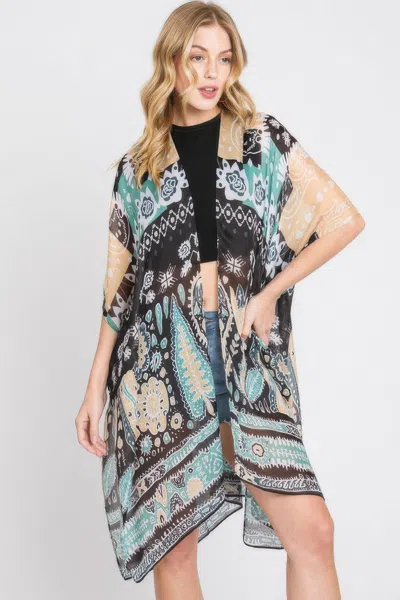 Truedames Geometric Boho Print Kimono In Green
