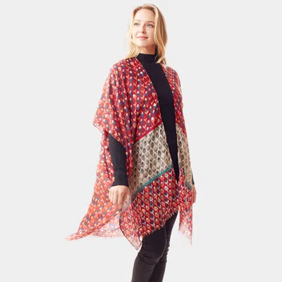 Truedames Geometric Border Printed Gold Foil Accented Ruana Poncho In Multi