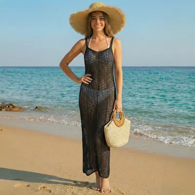 Truedames Geometric Diamond Crochet Beach Cover Up Sleeveless Maxi Dress In Black