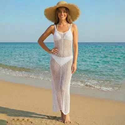Truedames Geometric Diamond Crochet Beach Cover Up Sleeveless Maxi Dress In White