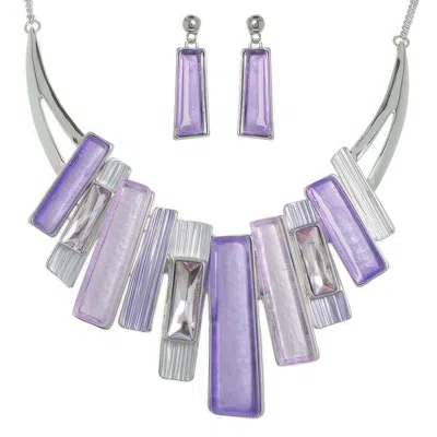 Truedames Geometric Fringe Gemstone Metal Bib Necklace Set In Purple