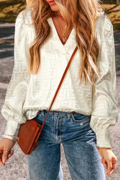 Truedames Geometric Jacquard V Neck Bishop Sleeve Blouse In White
