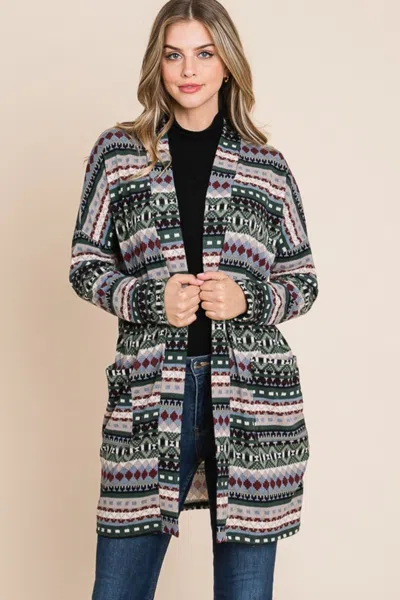 Truedames Geometric Open Front Long Sleeve Cardigan With Pockets In Gray